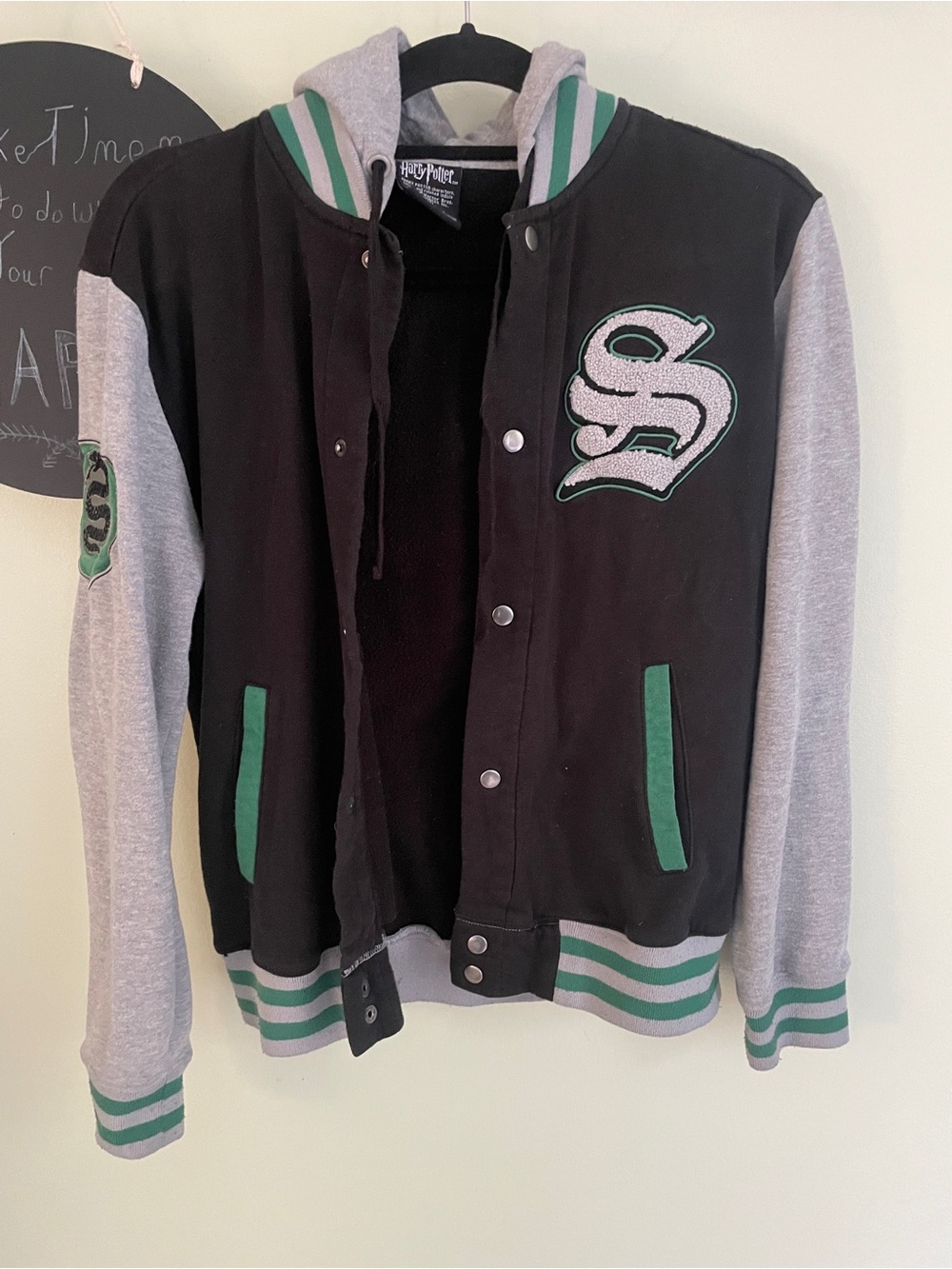 Warner Bros. Black, Gray & Green Hooded Varsity Jacket